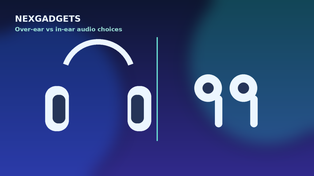 Illustration comparing over-ear headphones with small wireless earbuds