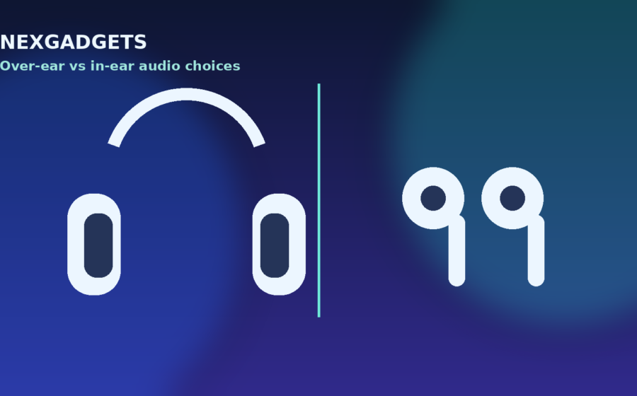 Illustration comparing over-ear headphones with small wireless earbuds