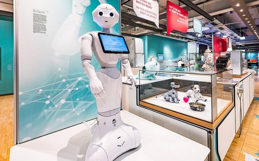 Humanoid robot on display at an AI and robotics exhibition