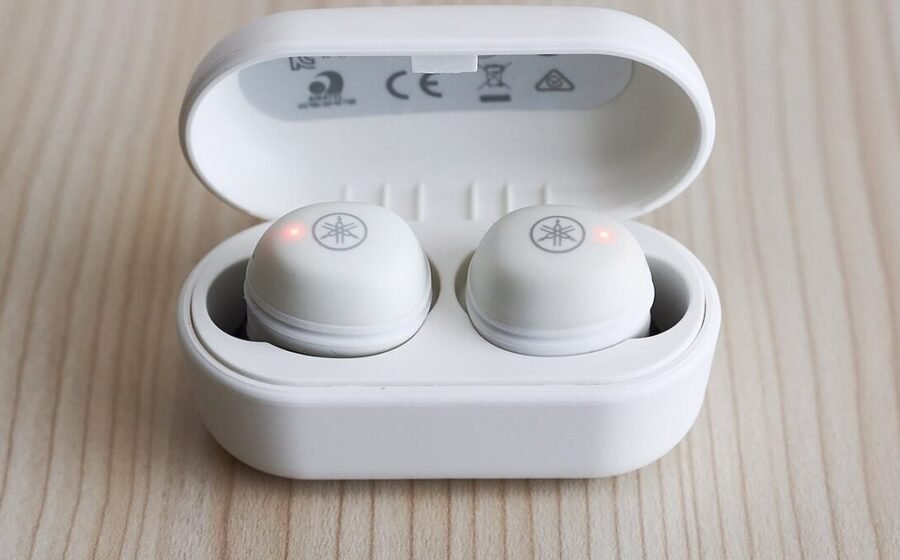 Wireless earbuds in a charging case
